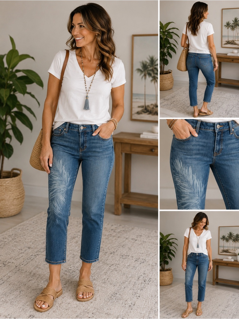 Chico’s So Slimming Girlfriend Slim Leg Crop Jeans Palm Leaf Print Size 1 (US 8)